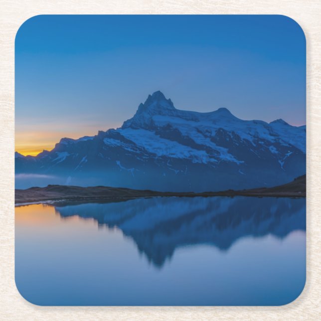 Blue Mountain Sunset Water Reflection Square Paper Coaster (Front)