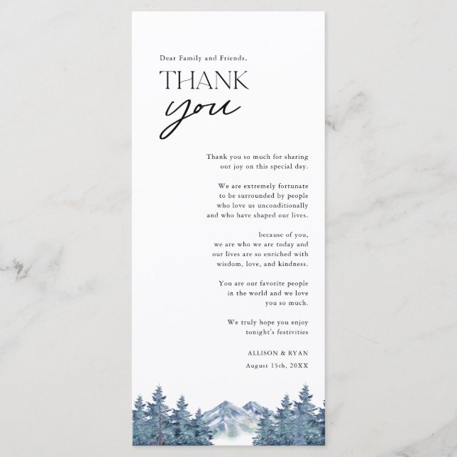 Blue Mountain Tree Rustic Wedding Thank You Cards (Front)