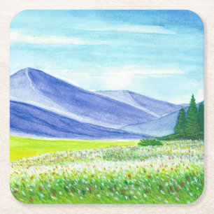 Blue Mountain Valley Wild Flowers Watercolor Square Paper Coaster