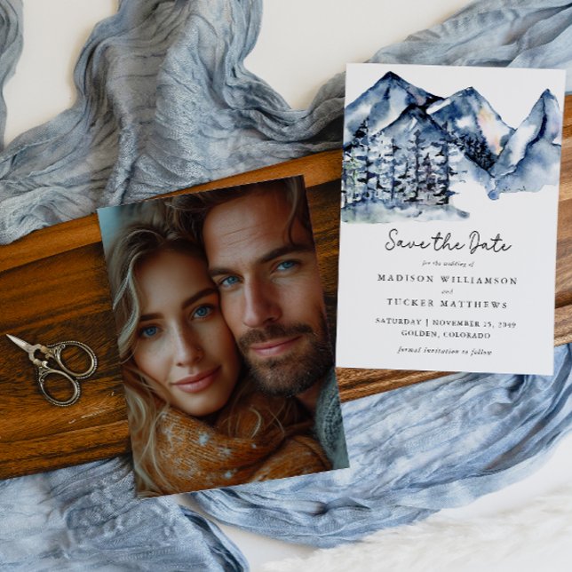 Blue Mountain Watercolor Photo Save the Date  (Creator Uploaded)