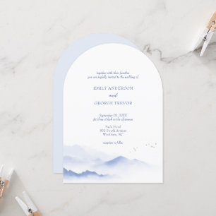 Blue mountains and birds wedding arch invitation