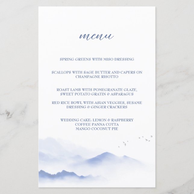 Blue mountains and birds wedding menu (Front)