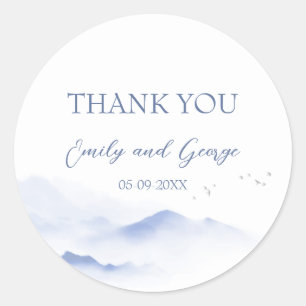 Blue mountains and birds wedding stickers