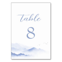 Blue mountains and birds wedding table number
