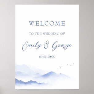 Blue mountains and birds wedding welcome poster