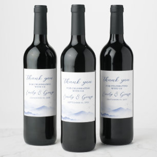 Blue mountains and birds wedding wine label