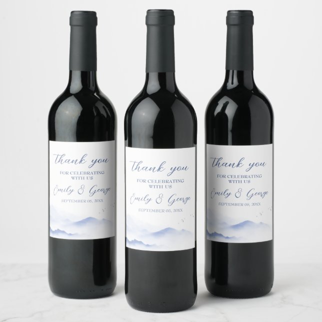 Blue mountains and birds wedding  wine label (Bottles)