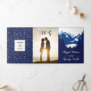 Blue mountains and trees photo winter wedding Tri-Fold invitation