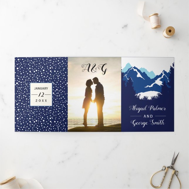 Blue mountains and trees photo winter wedding Tri-Fold invitation (Outside)
