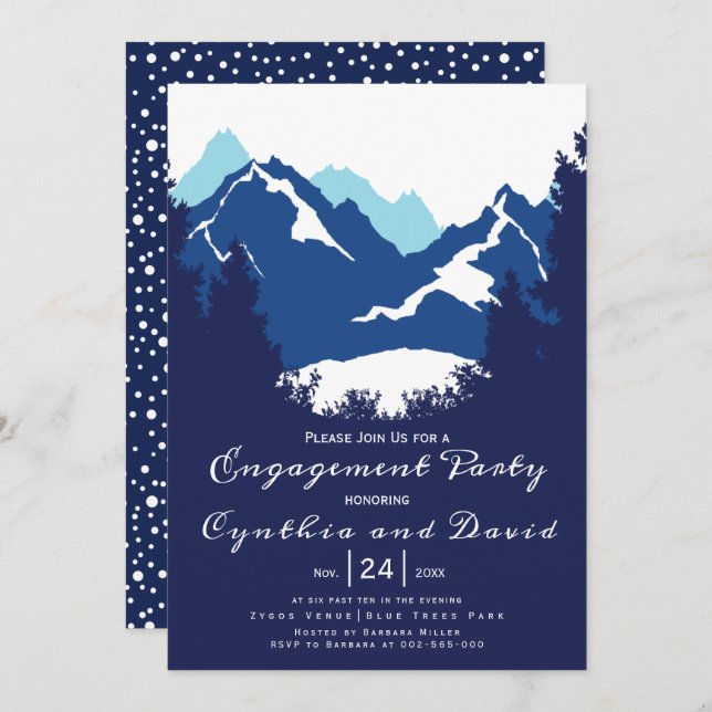 Blue mountains, conifers wedding engagement party invitation (Front/Back)