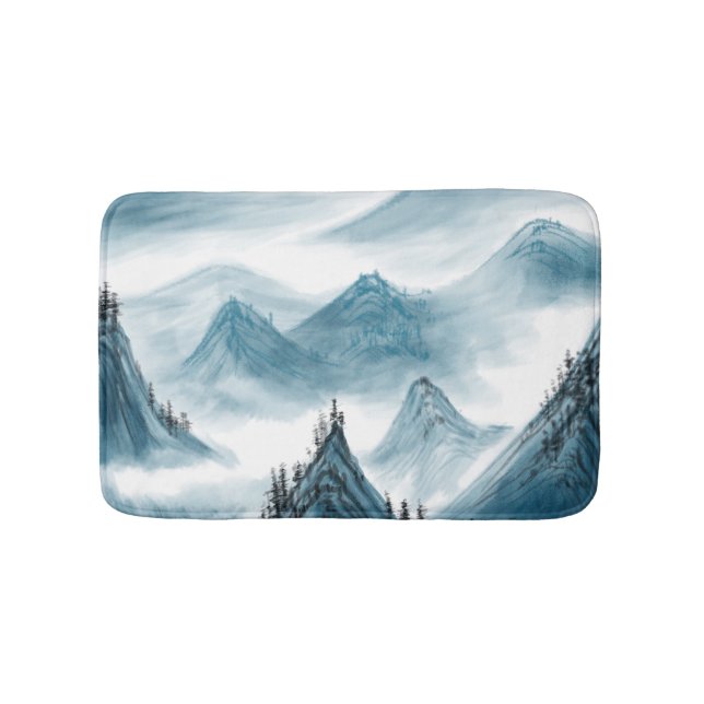 Blue Mountains Landscape Painting Chinoiserie  Bath Mat (Front)