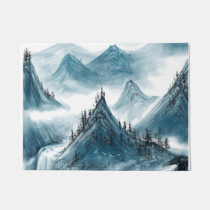 Blue Mountains Landscape Painting Chinoiserie Doormat