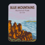 Blue Mountains National Park Australia Vintage  Magnet<br><div class="desc">Blue Mountains vector artwork design. The park is known for the Echo Point lookout,  near the town of Katoomba,  which has panoramic views of Jamison Valley and the Three Sisters,  a towering sandstone formation and sacred Aboriginal site.</div>