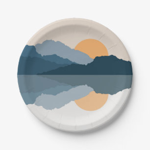 Blue mountains reflected in the lake paper plate