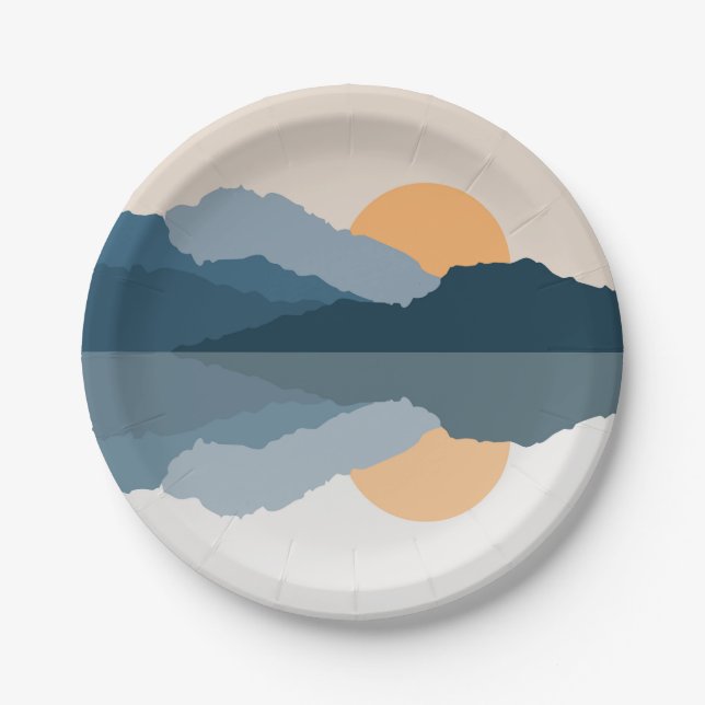 Blue mountains reflected in the lake paper plate (Front)