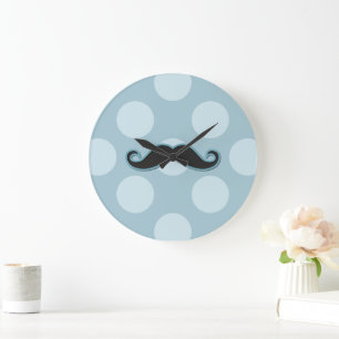 Blue Moustache, Curl Moustache, Stache, Polka Dots Large Clock