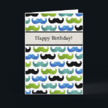 Blue Moustache pattern - Happy Birthday For Him Card<br><div class="desc">moustaches,  turquoise,  funny,  black,  birthday,  green,  retro,  humour,  gentleman,  modern,  moustache,  pattern,  happy birthday,  happy,  blue,  green,  turquoise,  teal,  stache,  staches,  moustache</div>
