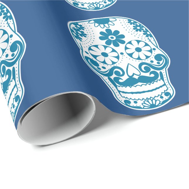 Blue Moustache Sugar Skull Wrapping Paper (Roll Corner)