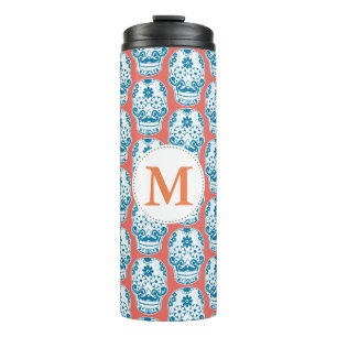 Blue Moustached Sugar Skull Monogram Thermal Tumbler