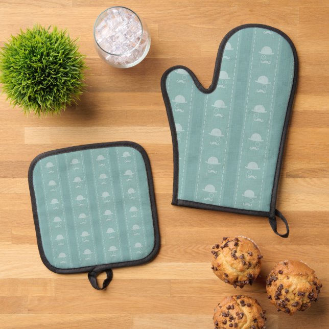 Blue Moustaches and Hats Oven Mitt & Pot Holder Set (Top Down)