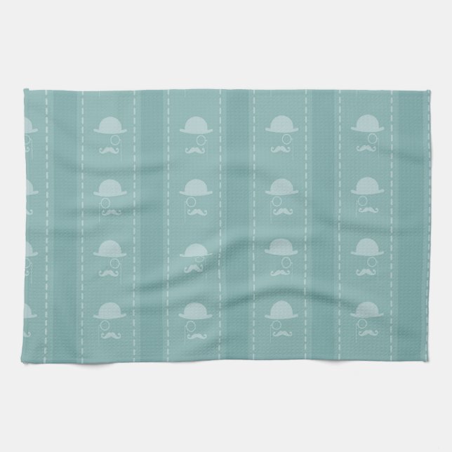 Blue Moustaches and Hats Tea Towel (Horizontal)