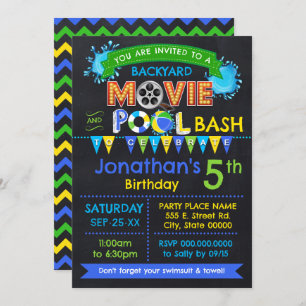 Blue Movie and Pool Birthday Summer Party Invitation