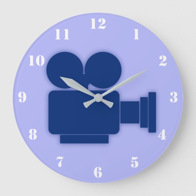 BLUE MOVIE CAMERA ILLUSTRATION WITH WHITE NUMBERS LARGE CLOCK (Front)