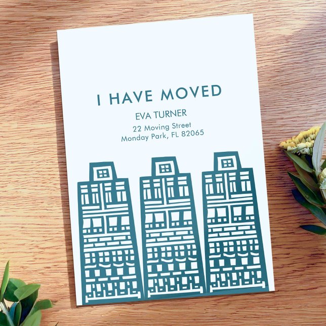 Blue moving announcement with retro buildings  (Creator Uploaded)