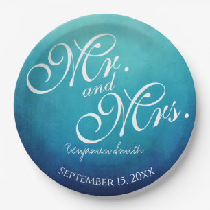 Blue Mr and Mrs Personalised Wedding Reception Paper Plate