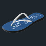 Blue Mr and Mrs wedding flip flops for newly weds<br><div class="desc">Navy Blue Mr and mrs beach wedding flip flops for bride and groom / Just Married couple. Add your date of marriage. Personalised name elegant flipflops for newlyweds and their entourage. Make your own personalised wedge sandals for team bride, brides maid, maid of honour, flower girl, mother of the bride,...</div>