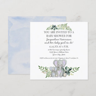Blue Mummy n Baby Elephant w Foliage Boy Shower Invitation