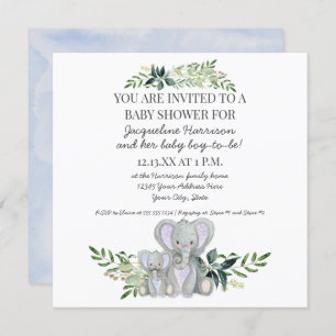Blue Mummy n Baby Elephant w Foliage Boy Shower Invitation