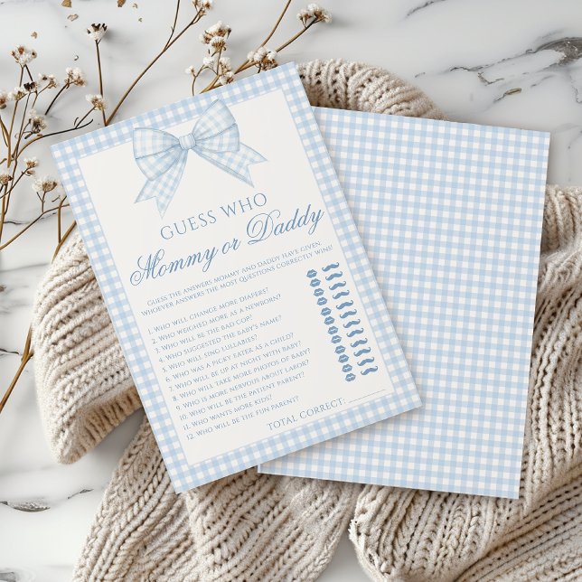Blue mummy or daddy bow gingham baby shower game invitation (Creator Uploaded)