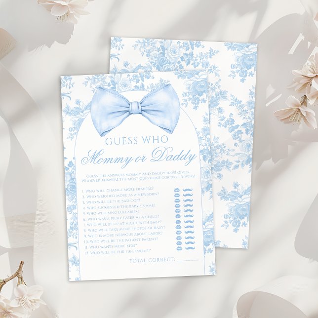 Blue Mummy or Daddy Bow Tie Toile Baby Shower Game Invitation (Creator Uploaded)