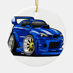 Blue muscle car speed cartoon - Choose back color Ceramic Ornament