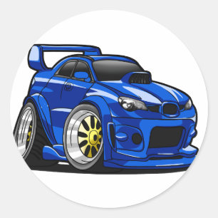 Blue muscle car speed cartoon - Choose back color Classic Round Sticker
