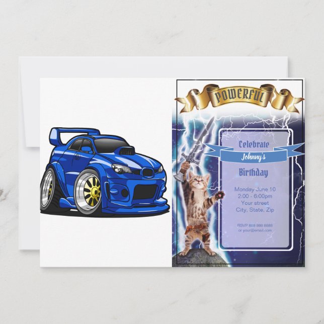Blue muscle car speed cartoon - Choose back colour Invitation (Front)