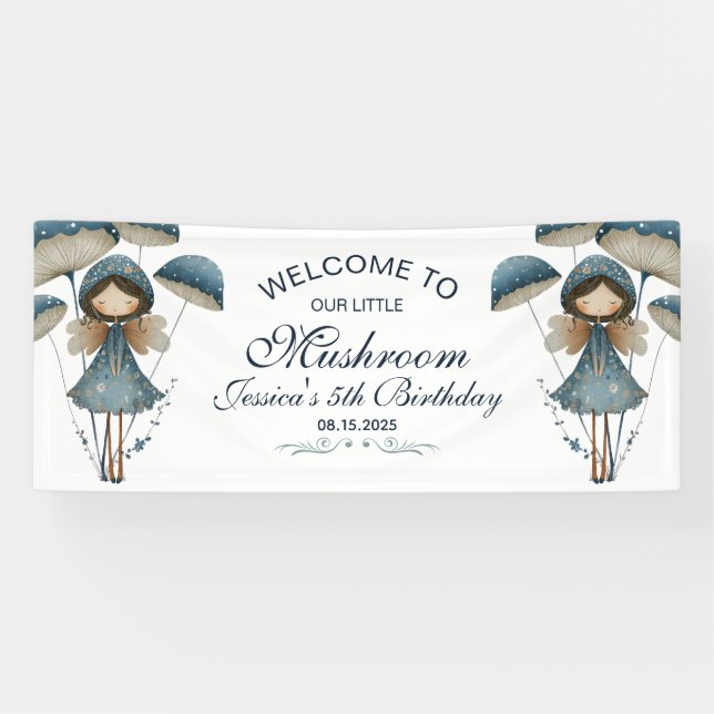 Blue Mushroom Fairy Enchanted Kids Birthday Party  Banner (Horizontal)