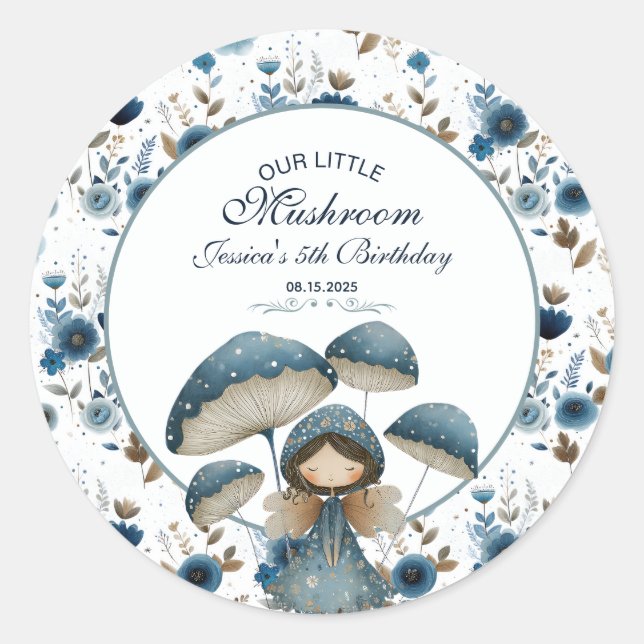 Blue Mushroom Fairy Enchanted Kids Birthday Party  Classic Round Sticker (Front)