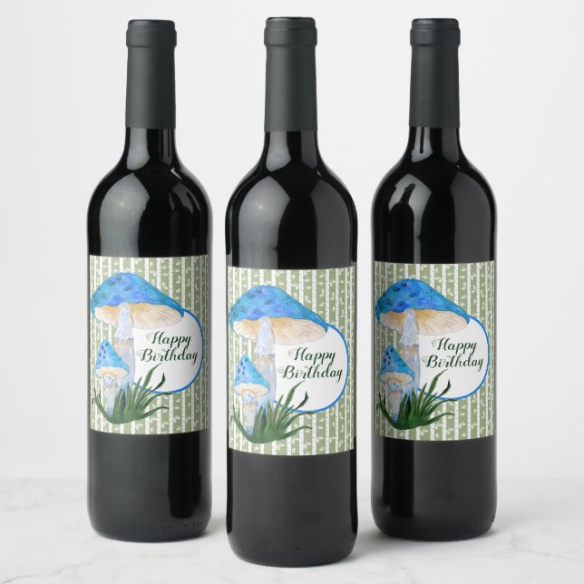 Blue Mushrooms on Aspen Birthday  Wine Label (Bottles)
