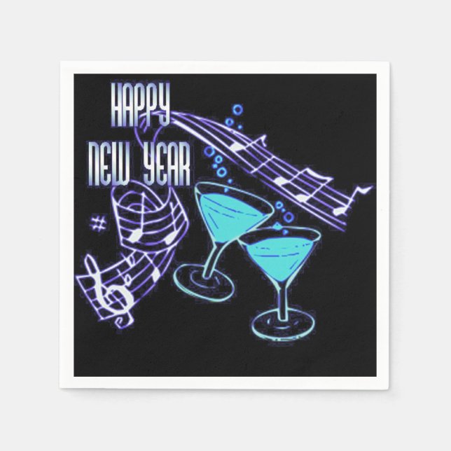 Blue Music and Cocktails Happy New Year Napkins (Front)