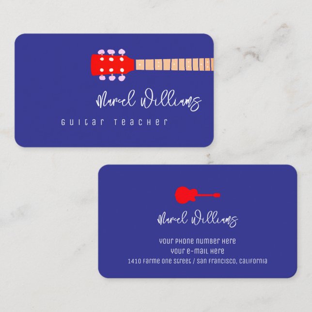 Blue Music Business Card for Guitar Teachers (Front/Back)