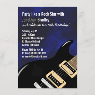 Blue Music Guitar Rock Star Birthday Invitation