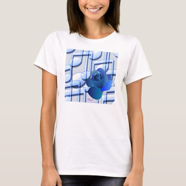Blue Music Notes & Blue Rose Flowy Long Sleeves T-Shirt (Front)