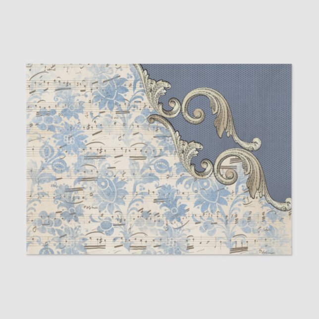 Blue Music Notes Ornate Decoupage Tissue Paper (Front)