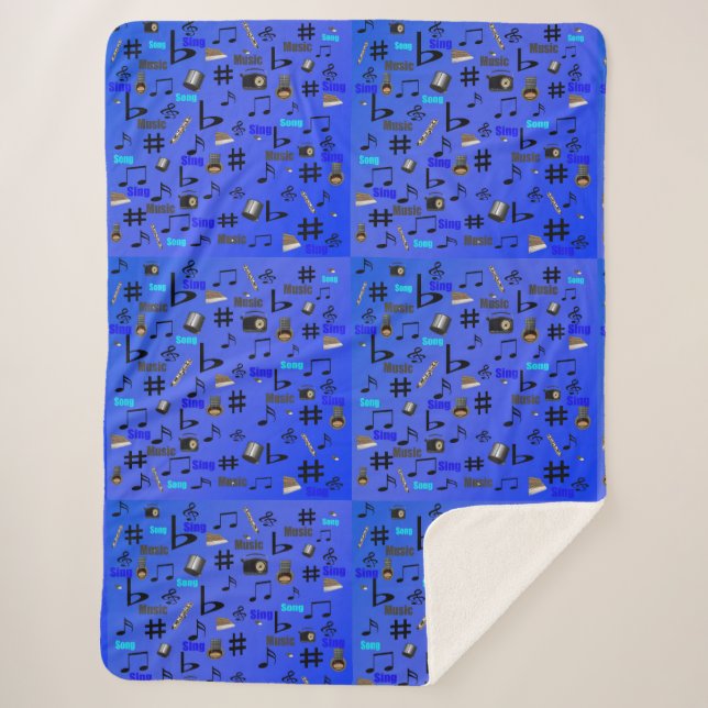 Blue Musical Instruments And Notes, Sherpa Blanket (Front)