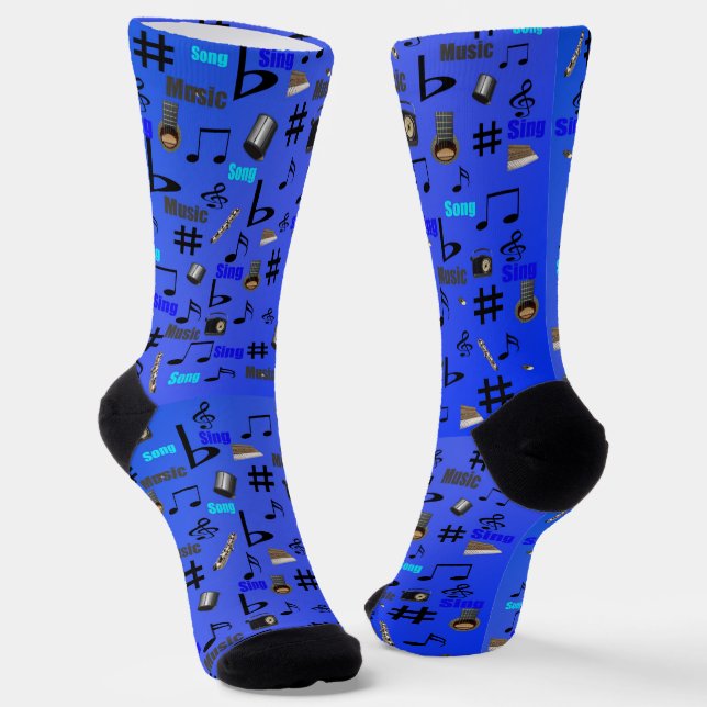 Blue Musical Instrument's, Full Print Crew Socks (Angled)
