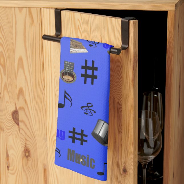 Blue Musical Notes And Instruments, Tea Towel (Thirds Fold)
