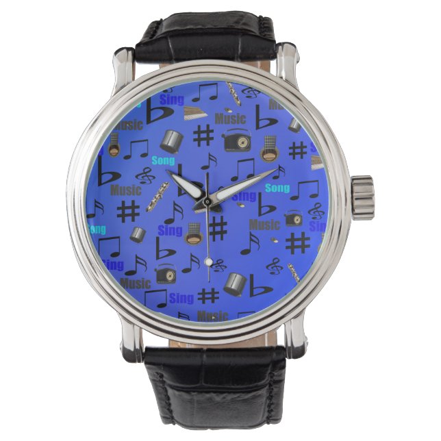 Blue Musical Notes And Instruments, Watch (Front)