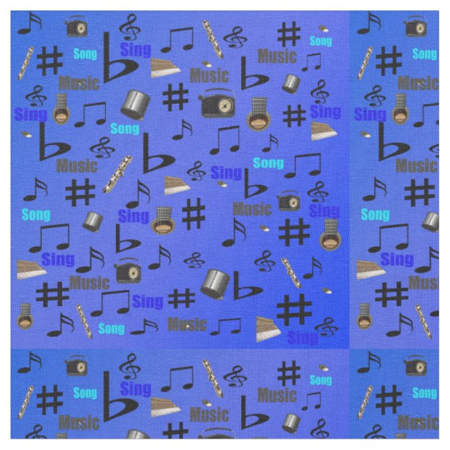 Blue Musical Notes Cords And Words, Fabric (Close Up)